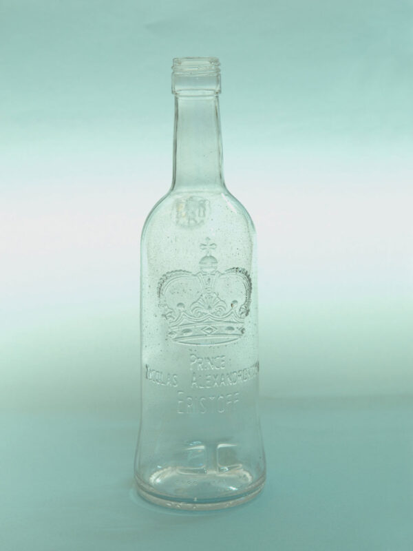 Sugar glass Vodka Eristoff bottle. Height 26.5 x ø 7.5 cm. Clear sugar glass.